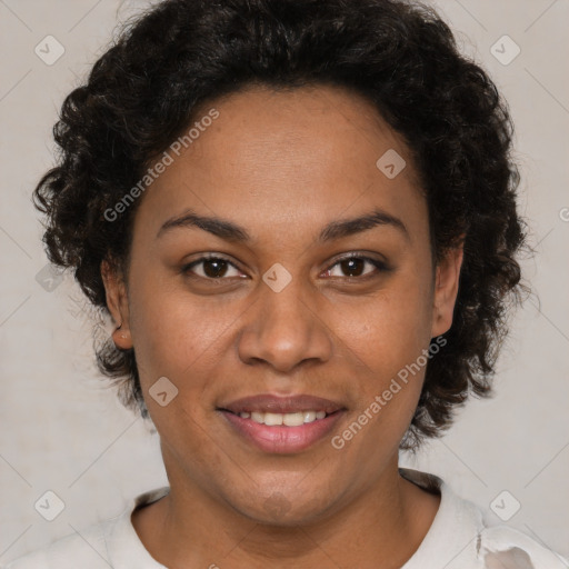 Joyful latino young-adult female with short  brown hair and brown eyes