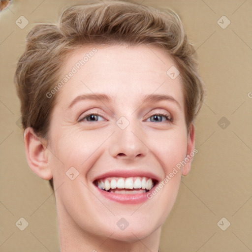 Joyful white young-adult female with short  brown hair and grey eyes