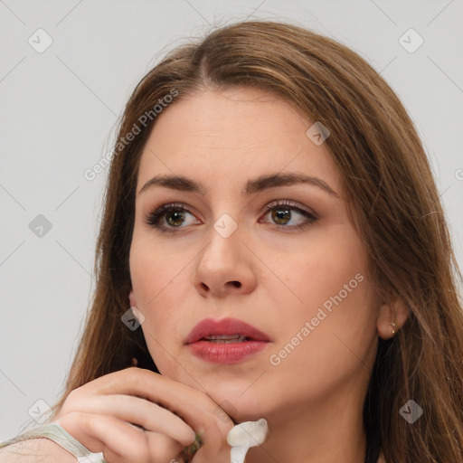 Neutral white young-adult female with medium  brown hair and brown eyes