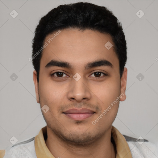 Neutral latino young-adult male with short  black hair and brown eyes