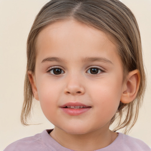 Joyful white child female with medium  brown hair and brown eyes