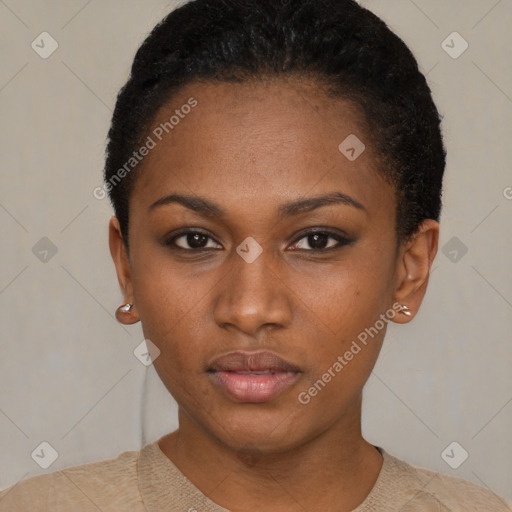 Neutral black young-adult female with short  black hair and brown eyes