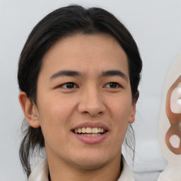 Joyful white young-adult male with medium  brown hair and brown eyes