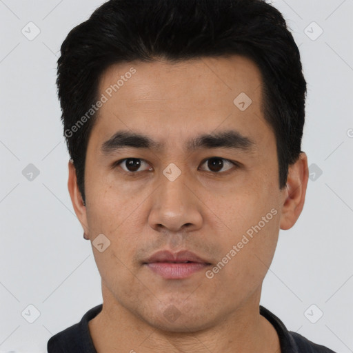 Neutral asian young-adult male with short  black hair and brown eyes