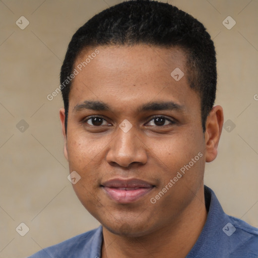 Joyful black young-adult male with short  black hair and brown eyes