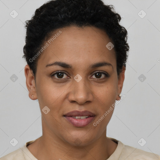 Joyful latino young-adult female with short  brown hair and brown eyes