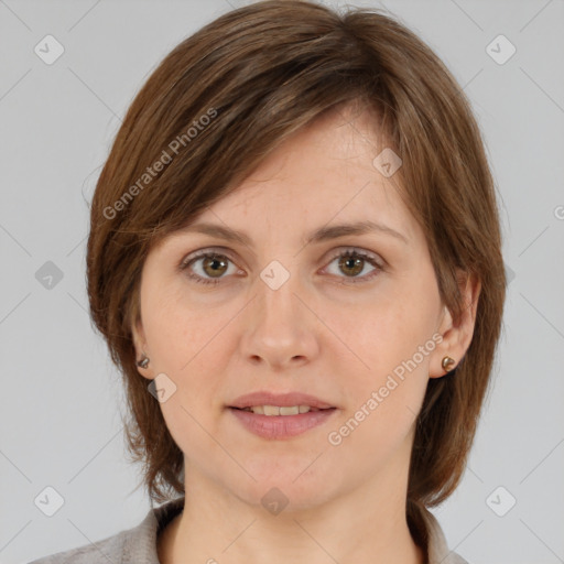 Joyful white young-adult female with medium  brown hair and grey eyes