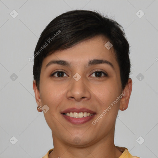 Joyful white young-adult female with short  brown hair and brown eyes