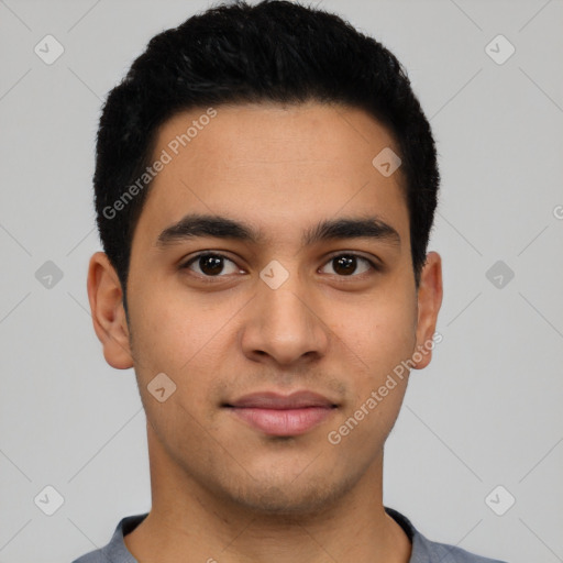 Neutral latino young-adult male with short  black hair and brown eyes