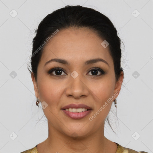 Joyful latino young-adult female with medium  brown hair and brown eyes