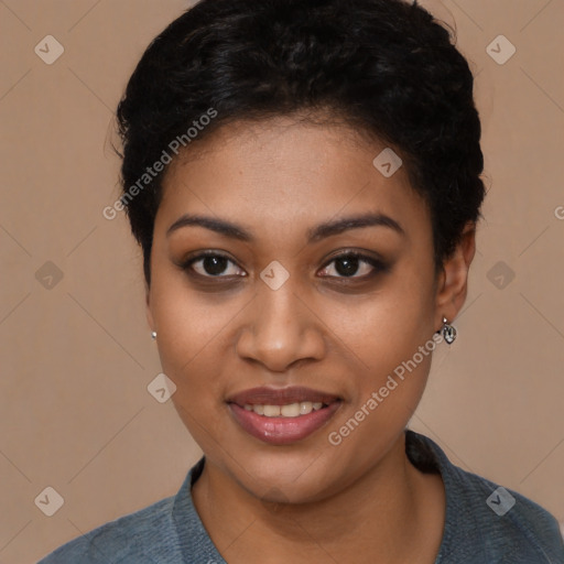 Joyful black young-adult female with short  black hair and brown eyes