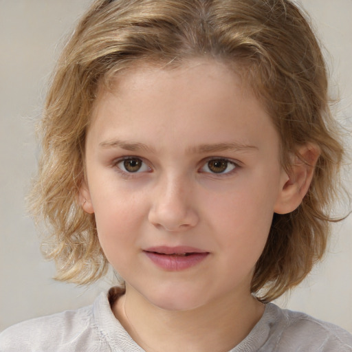 Joyful white child female with medium  brown hair and brown eyes