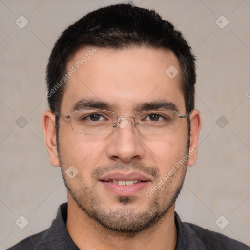 Joyful white young-adult male with short  black hair and brown eyes