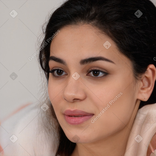 Joyful latino young-adult female with long  brown hair and brown eyes