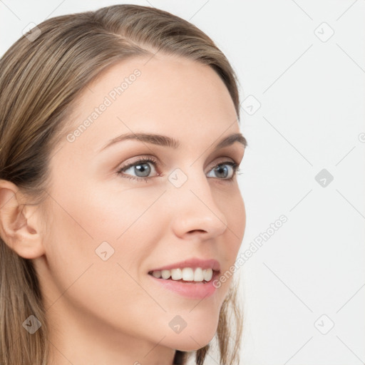 Joyful white young-adult female with long  brown hair and grey eyes