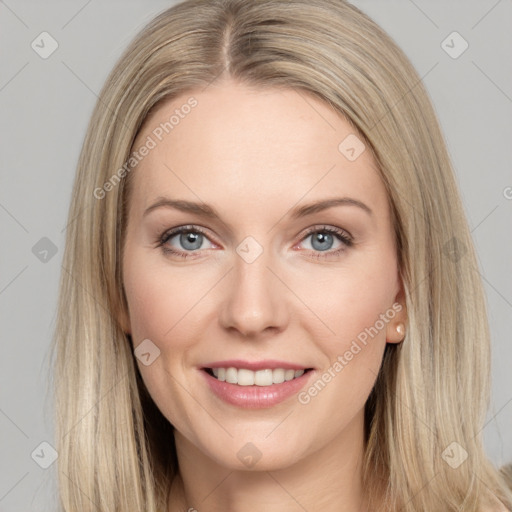 Joyful white young-adult female with long  brown hair and grey eyes