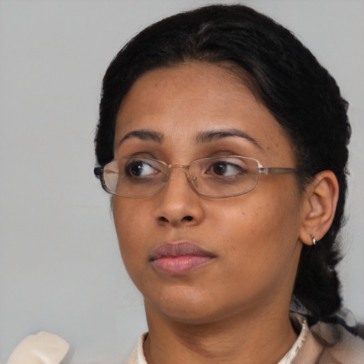 Neutral asian adult female with short  brown hair and brown eyes