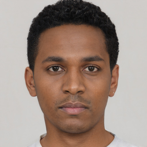 Neutral black young-adult male with short  black hair and brown eyes