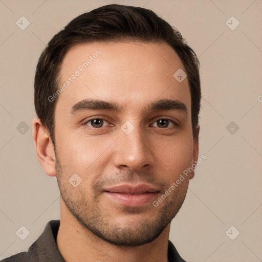 Joyful white young-adult male with short  brown hair and brown eyes