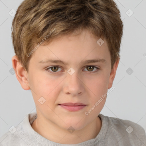 Joyful white child male with short  brown hair and brown eyes