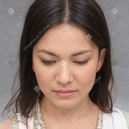 Neutral white young-adult female with medium  brown hair and brown eyes