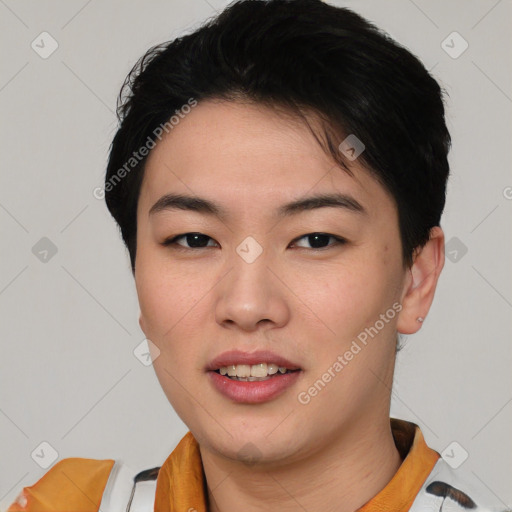 Joyful asian young-adult female with short  brown hair and brown eyes