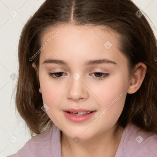 Joyful white child female with long  brown hair and brown eyes