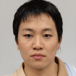 Neutral asian young-adult male with short  black hair and brown eyes