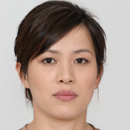 Neutral asian young-adult female with medium  brown hair and brown eyes