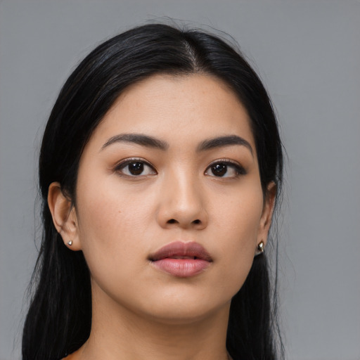 Neutral asian young-adult female with long  black hair and brown eyes