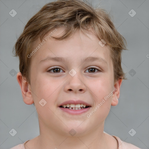 Joyful white child male with short  brown hair and brown eyes