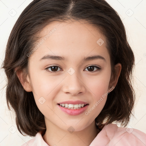 Joyful white child female with medium  brown hair and brown eyes