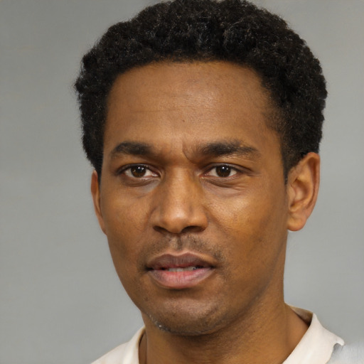 Neutral black young-adult male with short  black hair and brown eyes