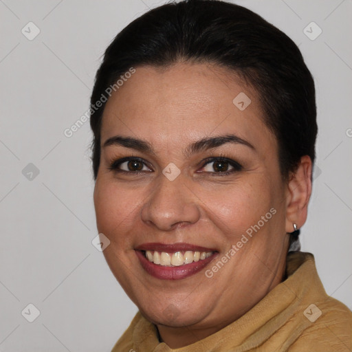 Joyful white young-adult female with medium  brown hair and brown eyes