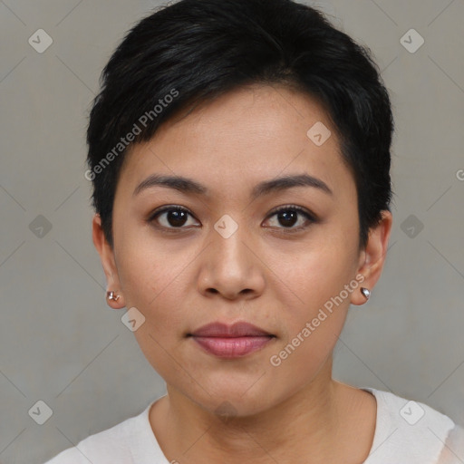 Joyful asian young-adult female with short  black hair and brown eyes