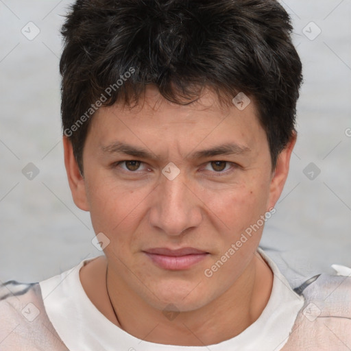 Joyful white adult male with short  brown hair and brown eyes