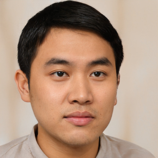 Neutral asian young-adult male with short  black hair and brown eyes