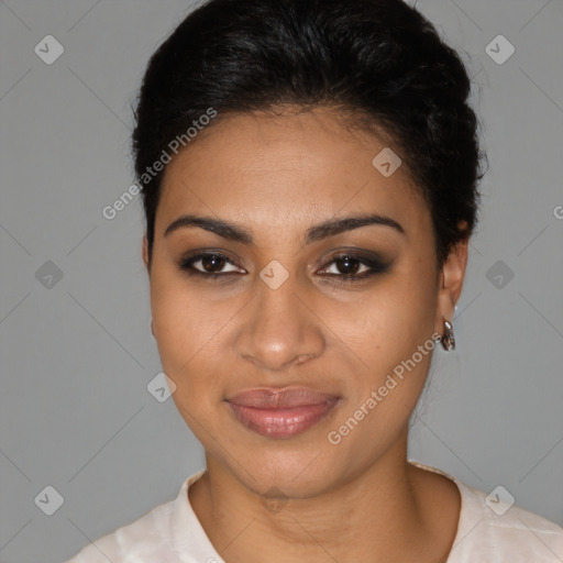 Joyful latino young-adult female with short  brown hair and brown eyes