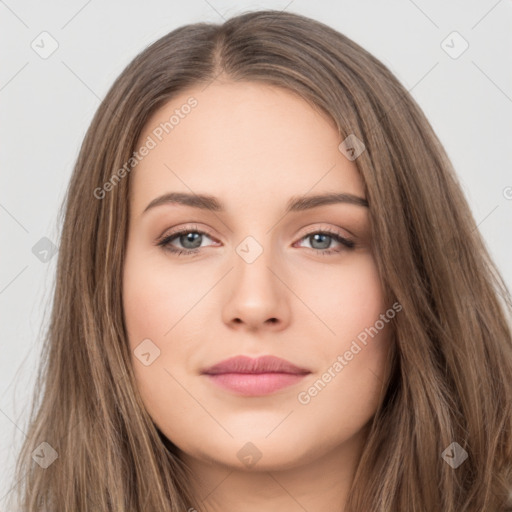 Neutral white young-adult female with long  brown hair and brown eyes