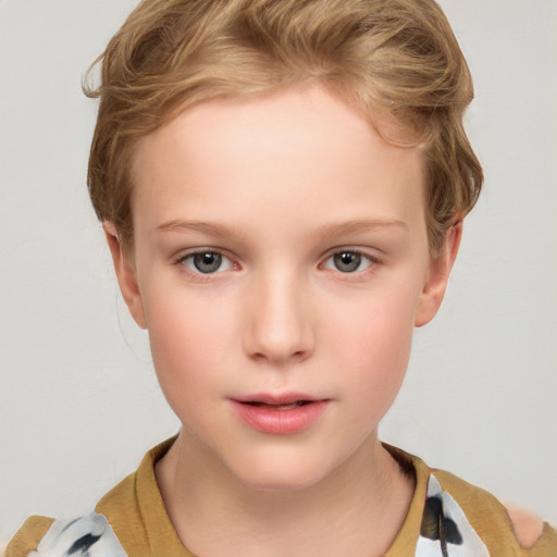 Neutral white child female with short  brown hair and grey eyes