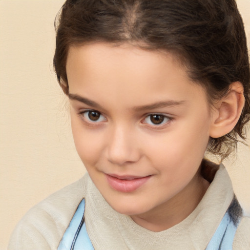 Joyful white child female with medium  brown hair and brown eyes