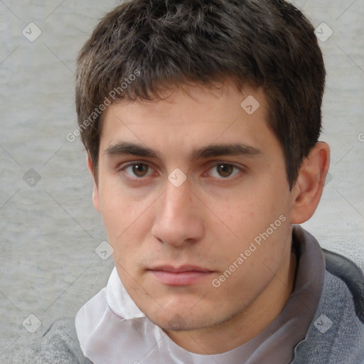 Neutral white young-adult male with short  brown hair and brown eyes