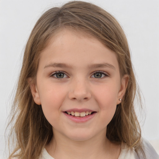 Joyful white child female with medium  brown hair and brown eyes