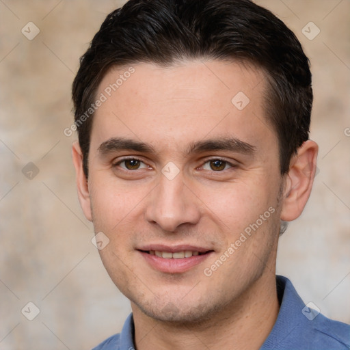 Joyful white young-adult male with short  brown hair and brown eyes