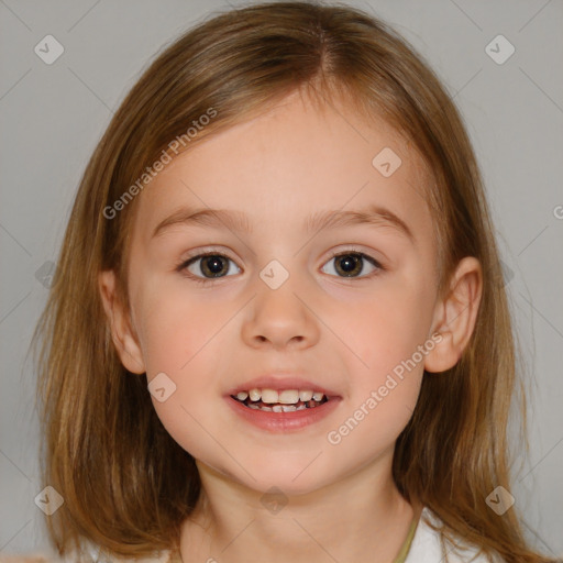 Joyful white child female with medium  brown hair and brown eyes