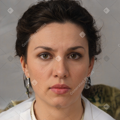 Neutral white young-adult female with short  brown hair and brown eyes