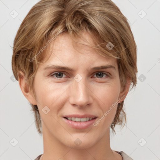 Joyful white adult female with medium  brown hair and grey eyes