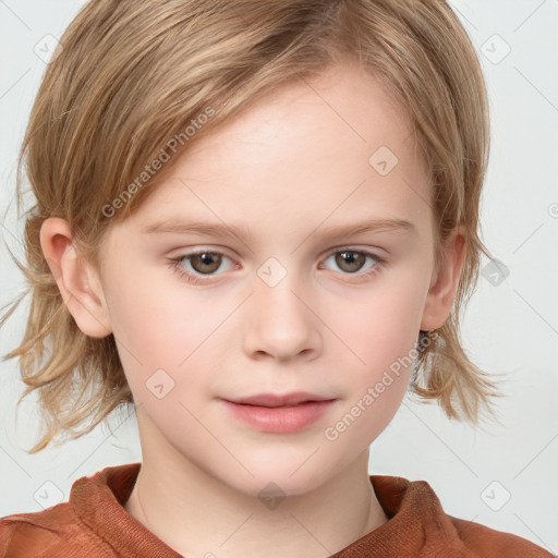 Joyful white child female with medium  brown hair and grey eyes