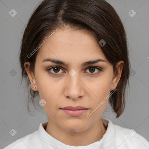 Neutral white young-adult female with medium  brown hair and brown eyes