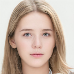 Neutral white young-adult female with long  brown hair and grey eyes